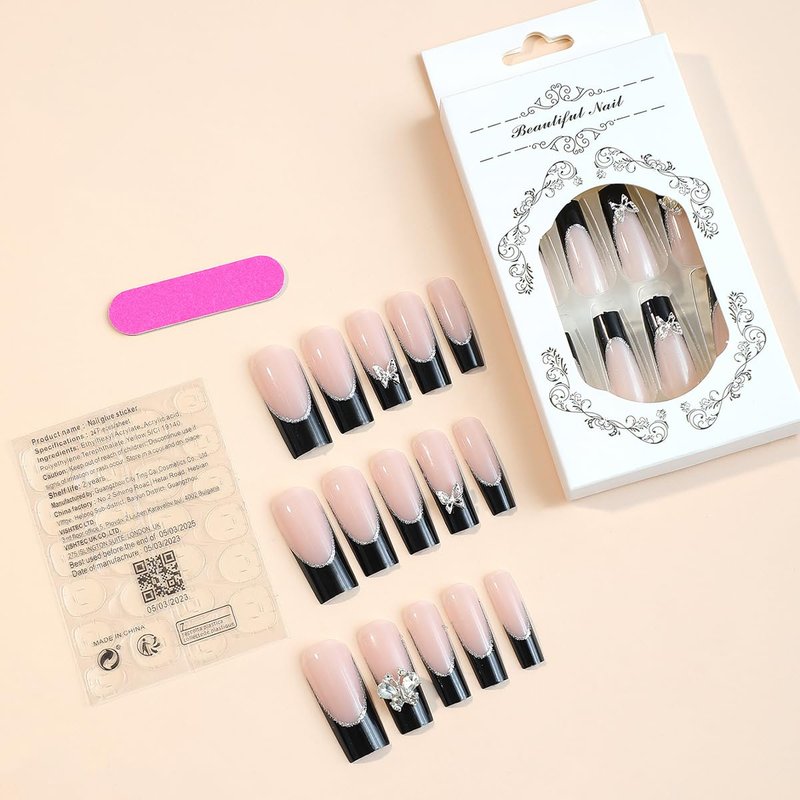 ZMRZ Press On Nails, Medium-Length Shiny Black False Nails Inlaid with Silver Butterflies and Rhinestones, Showing the Noble Temperament of Women and Girls False Nails - 24 Pieces (With Free Kit)