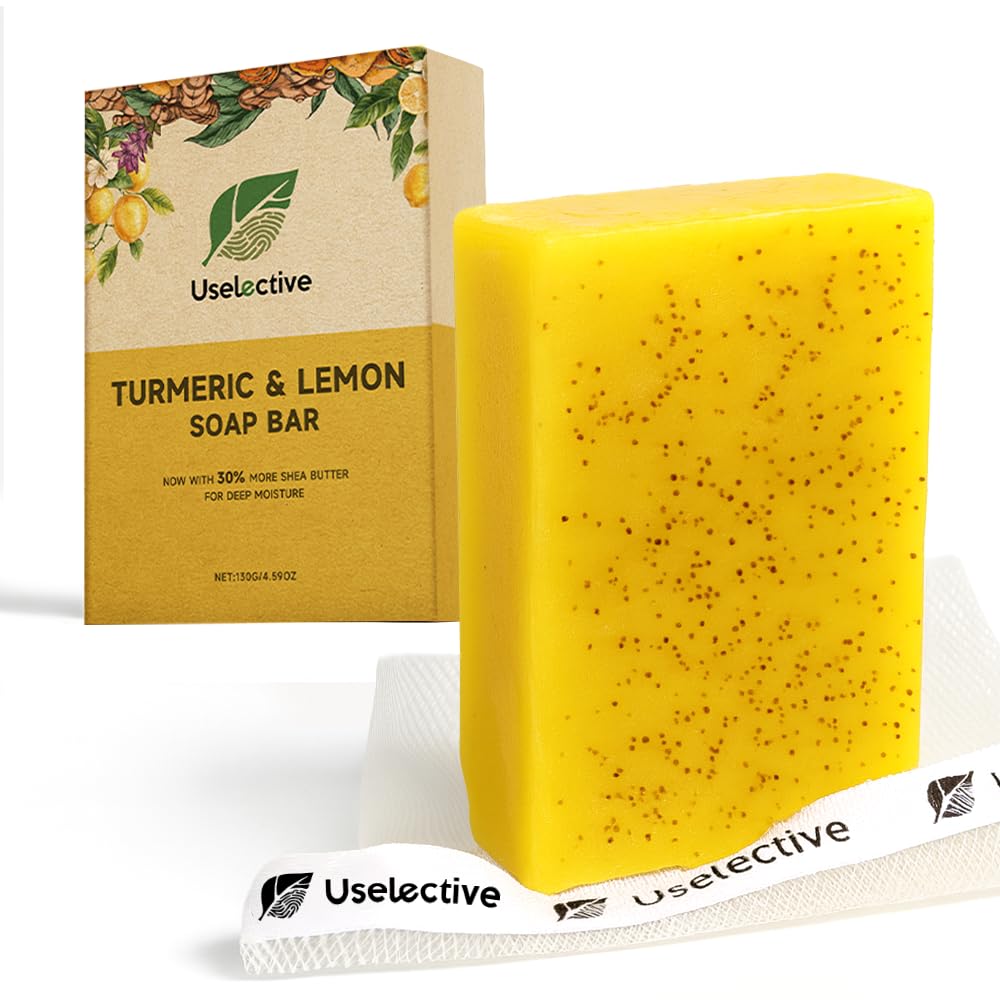 Uselective Lemon & Turmeric Glow Soap Bar for Dark Spots Remover, Powered by Kojic Acid & Vitamin C for Brightening & Fading Acne Scars - 3x Moisturizing with Shea Butter - SLS Free