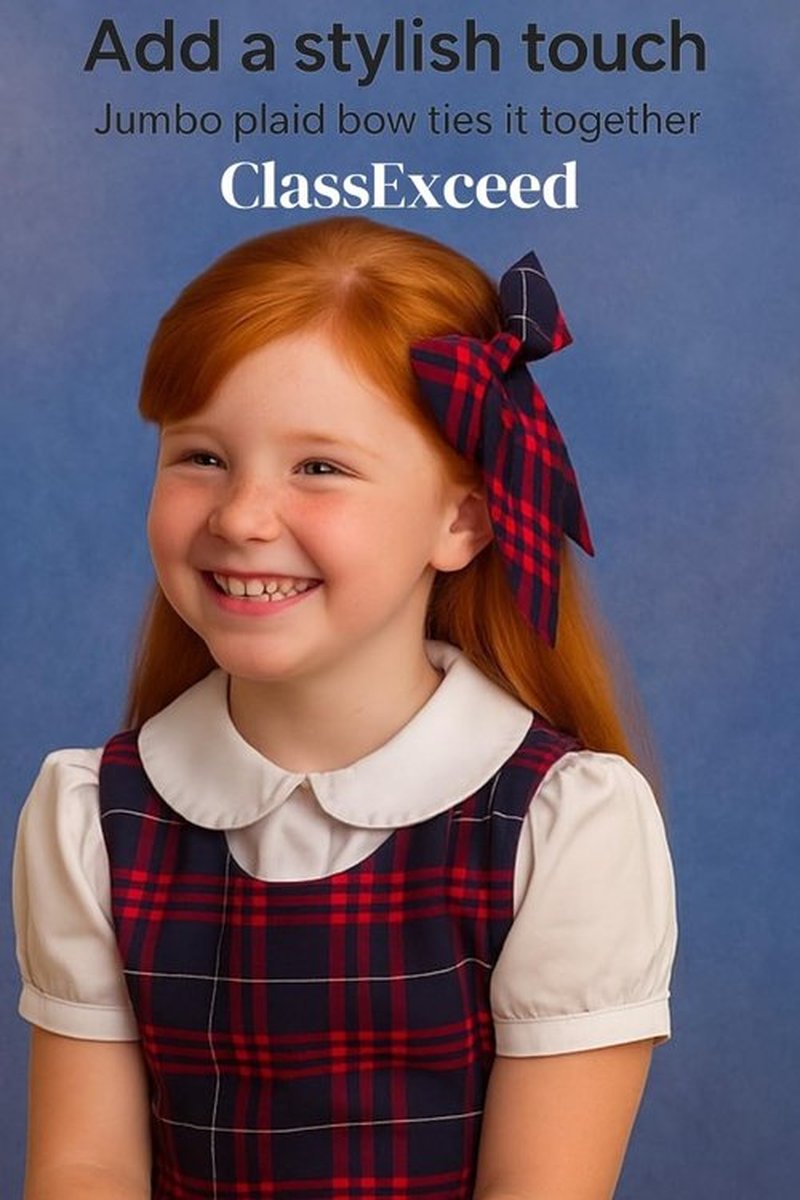 ClassExceed Jumbo Plaid Hair Bow for Girls – Extra Large 5"x8" with Long Tail & Secure French Barrette – Durable Yarn-Dyed Fabric – Elegant Back to School Accessory (Dark Navy and Red Plaid #37)