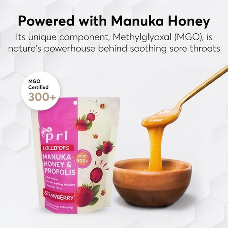 P.R.I Strawberry Manuka Honey Lollipops - Throat Soothing with Propolis & Menthol | 24 Count, MGO 300+