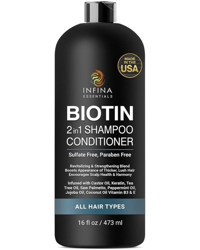 INFINA ESSENTIALS Biotin 2-in-1 Shampoo & Conditioner - Hair Thickening & Strengthening Formula with Saw Palmetto, Keratin & Caffeine - 16 fl oz