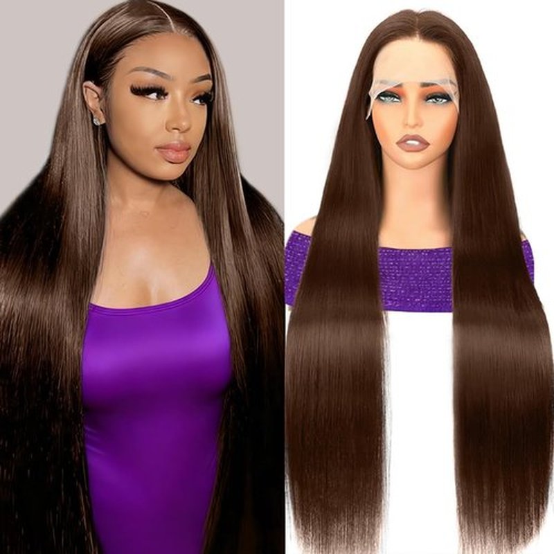 Fopeela 32 Inch 13x6 Chocolate Brown Human Hair Wig 12A Straight 100% Unprocessed HD Transparent 200 Density Lace Front Wig for Women, Pre Plucked Brown Colored Wigs, No Shedding Soft And Silky