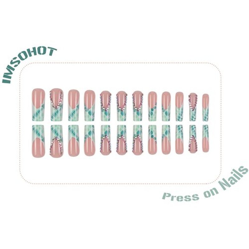 IMSOHOT Long Square Press on Nails Green Crocodile Print French Tip Fake Nails with Rhinestone Designs Full Cover Glossy Acrylic False Nails for Women 24Pcs
