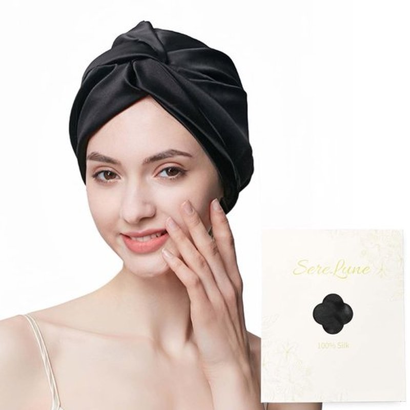 SereLune 100% Mulberry Silk Bonnet Sleep Cap, Double Layer Silk Turban/Bonnet, Adjustable Fit for Night Hair Care, 9 Colors (Black)