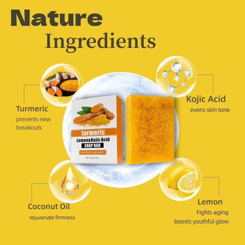 Uselective 2 Pack Turmeric & Lemon Glow Soap Bar - Botanical Duo Power for Dark Spots, Skin Brightening with Kojic Acid, Vitamin C，Retinol- 3x Moisturizing with Amino Acid & Shea Butter - SLS Free