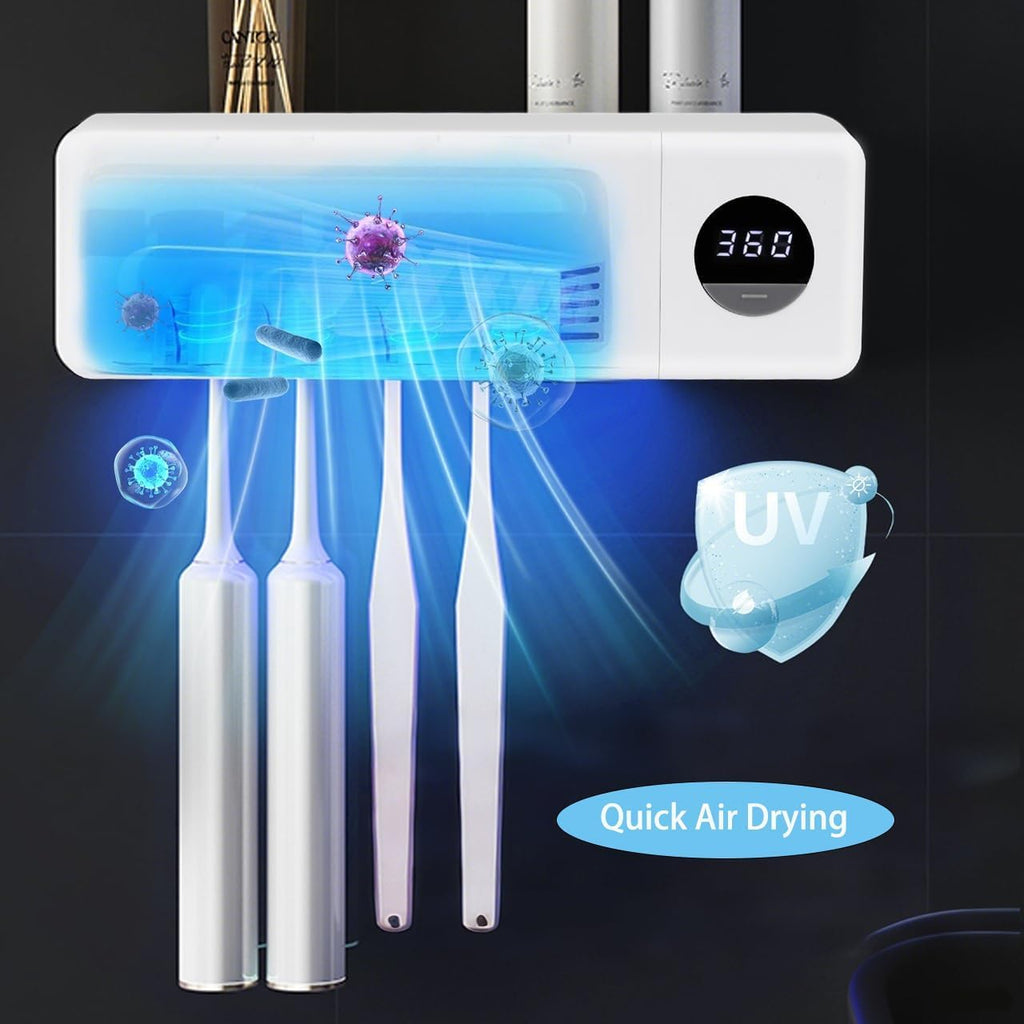 JDUanL Cordless Sanitizeri Toothbrush Holder, Sanitizeri Toothbrush Cleaner with 4 Slots & 360s Timer Function, No-Drill Rechargeable Wall Mounted Toothbrush Holders for Bathroom Family, White