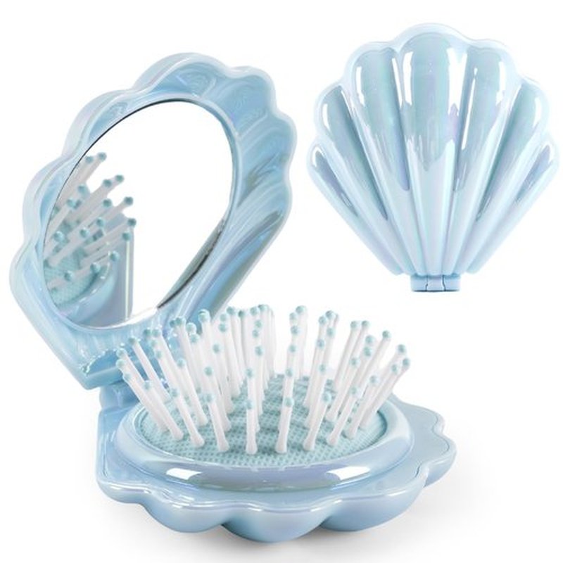 Maji Mama Metallic Shinning Finish Foldable Travel Hair Brushes with Mirror Shell Shape Portable Folding Pocket Hairbrush Mini Hair Comb Purse Compact Size Hair Massager (Blue)
