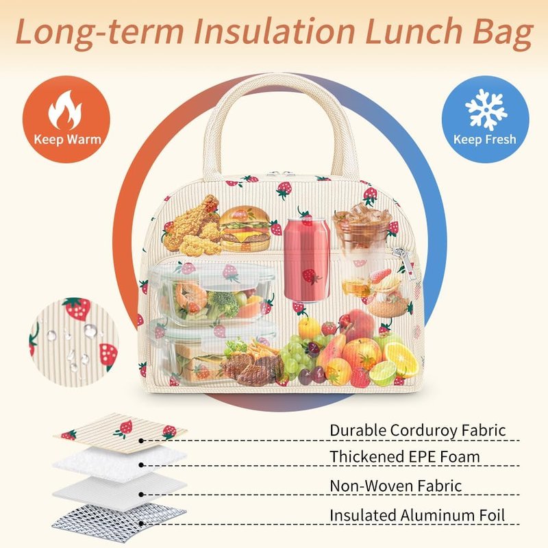 Coobiiya Corduroy Lunch Bag - Insulated Strawberry Tote for Work, Travel & Picnics | Large Capacity