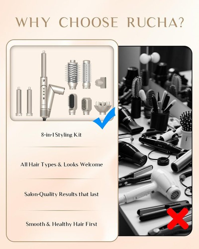 RUCHA 8 in 1 Hair Styler & Hair Dryer Brush Blow Dryer, 110,000 RPM High Speed Hair Nora Styler, Multi Professional Hot Air Styler for Straightening Curling Volumizing Drying, Champagne Gold