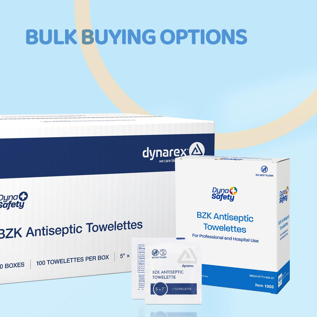 Dynarex BZK Antiseptic Towelettes, 5" x 7", Disposable and Premoistened, Individually Wrapped, 1 Case | 10 Boxes of 100 Dynarex BZK Antiseptic Towelettes