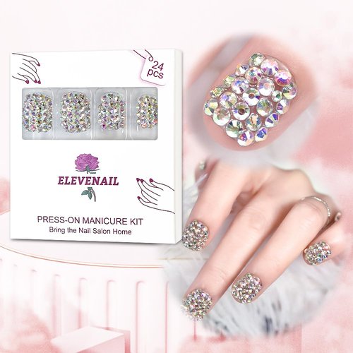 Elevenail 24pcs Handmade 3D Rhinestones Press On Nails Square Short Nails Women Girls Gifts Salon Manicure Shiny Crystal Nail Art Tips Fake Nails Reusable Acrylic False Nails