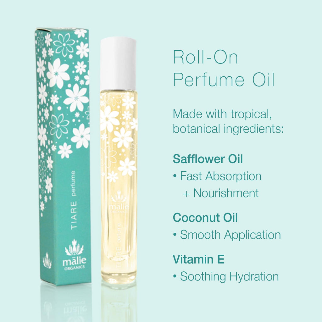 Mālie Organics Perfume Oil Roll-On, Tiare Scent, Travel Size 10 mL, Kukui Nut Oil + Vitamin E, Vegan