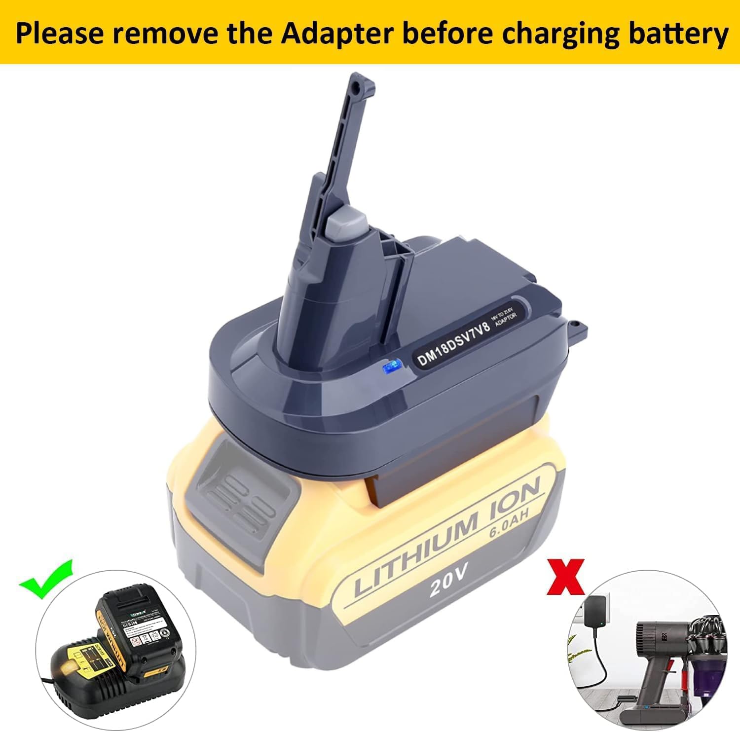 Swidan V7 V8 Battery Adapter Compatible with Dewalt 20V Battery Converted to Replacement for Dyson V7 V8 Battery SV10 SV11 Series Animal Absolute Motorhead Pro HEPA Cordless Stick Vacuum Cleaners