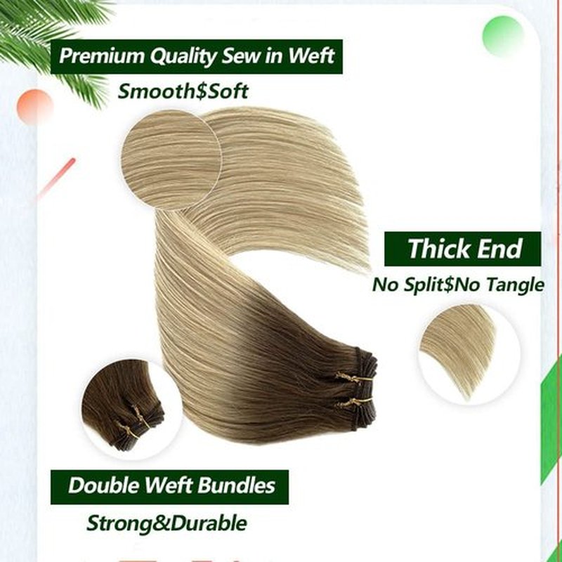 Sew in Hair Extensions Real Human Hair Ash Brown Highlighted Platinum Blonde Weft Hair Bundles Ombre 100G 22 Inch Hand Tied Human Hair Extensions