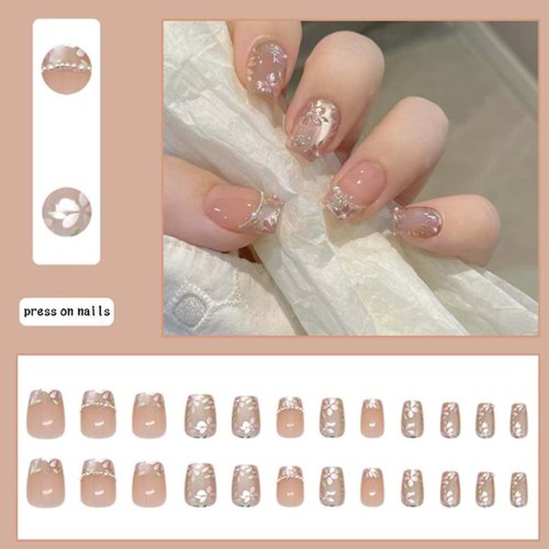 Hkanlre Flower Fake Nails Tips Pearl French Press on Nails Full Cover Square False Medium Nails for Women 24PCS