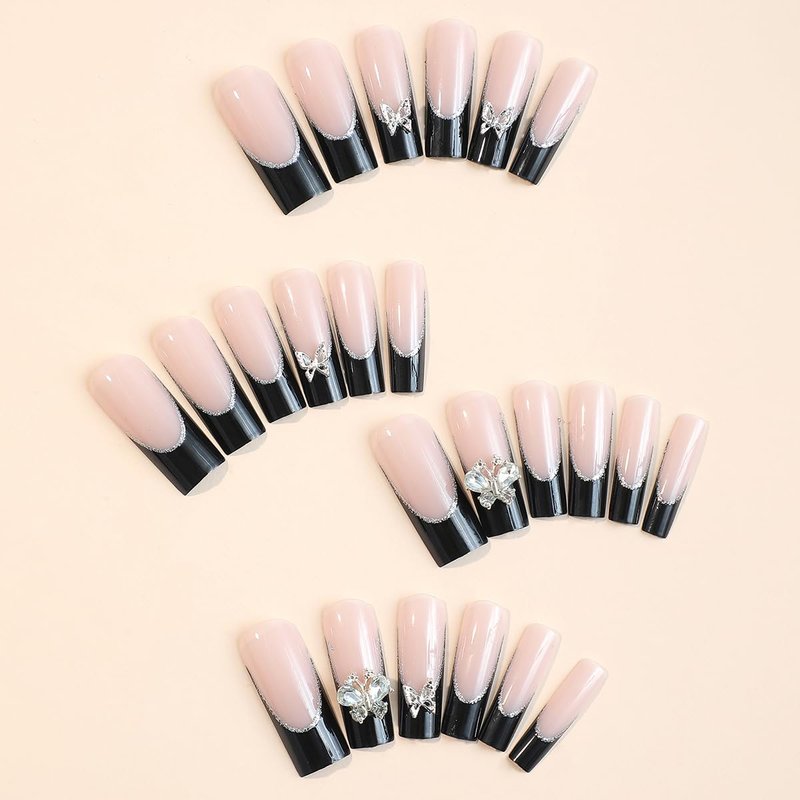 ZMRZ Press On Nails, Medium-Length Shiny Black False Nails Inlaid with Silver Butterflies and Rhinestones, Showing the Noble Temperament of Women and Girls False Nails - 24 Pieces (With Free Kit)
