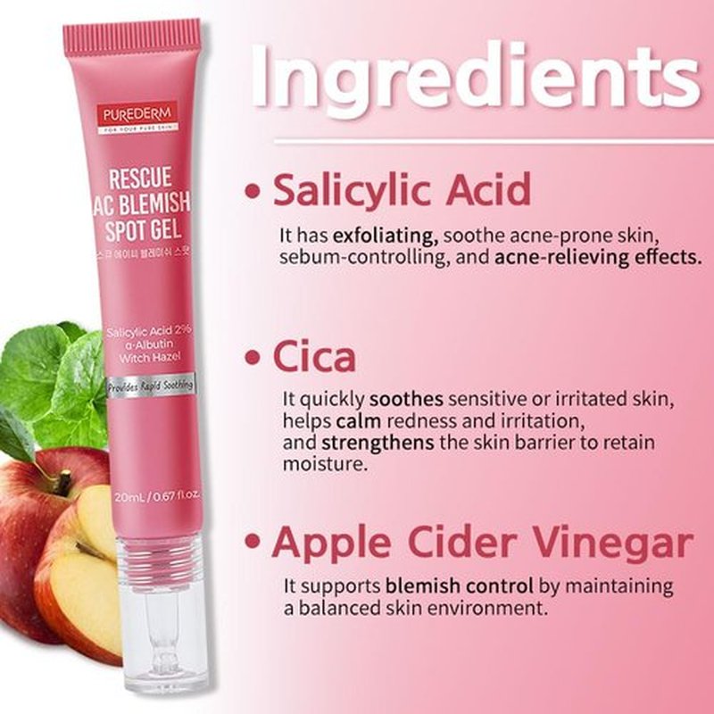 Purederm Blemish Spot Treatment Gel - Salicylic Acid 2% for Soothing Acne Care | 20ml
