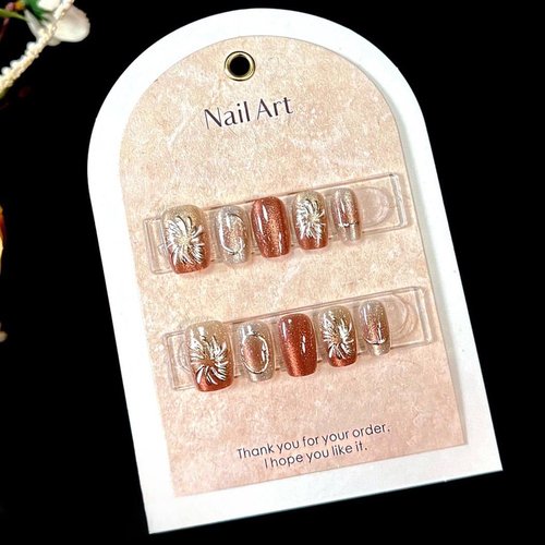 RikView Square Press on Nails Medium Fake Nails Golden Nails with Fireworks Design Glossy Hand Made Nails for Women 30 PCs/Set