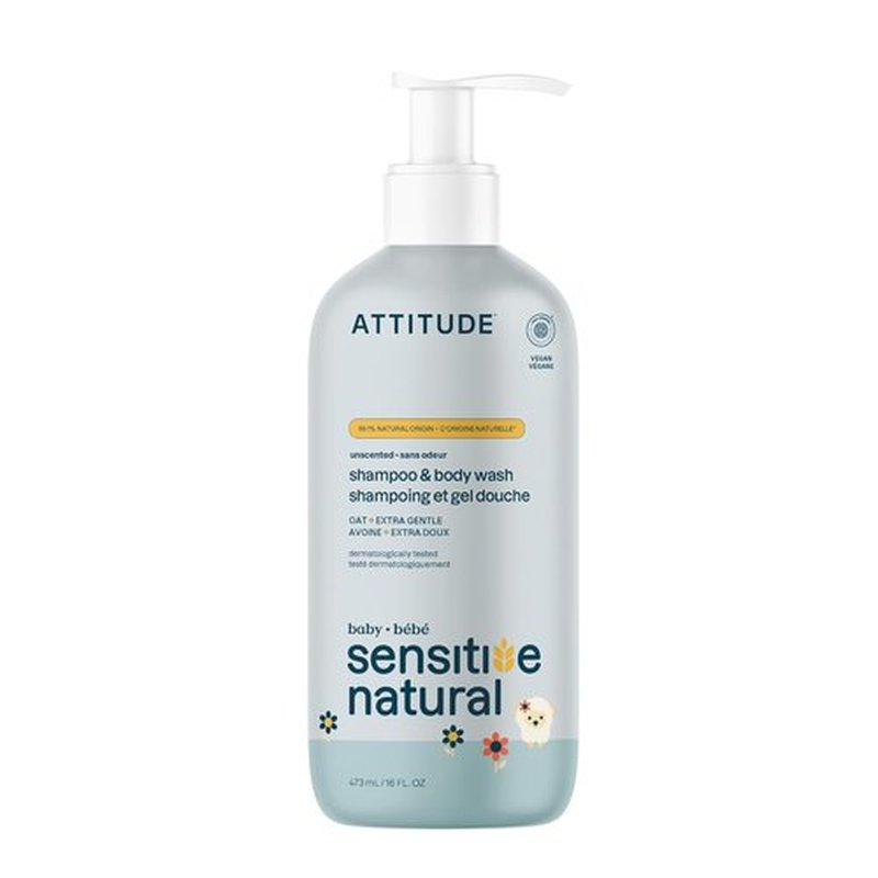 ATTITUDE Baby 2-in-1 Shampoo & Body Wash - EWG Verified, Vegan & Cruelty-Free, Unscented, 16 Fl Oz