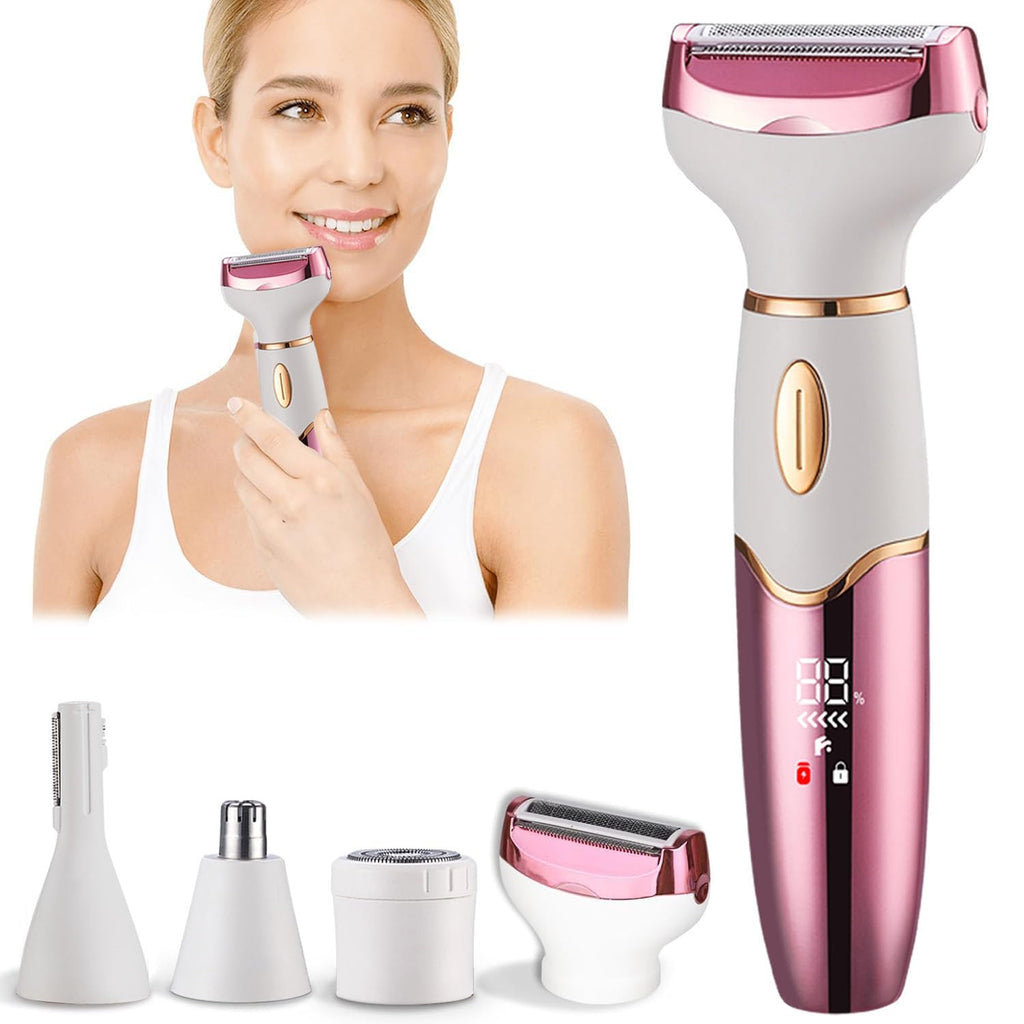 Electric Razors for Women, 4 in 1 Electric Shaver for Women, Wet & Dry Ipx7 Waterproof Bikini Trimmer and Facial Hair Remover, Painless Ladies Body Razors for Nose Eyebrow Arms Armpit Legs Pubic Area