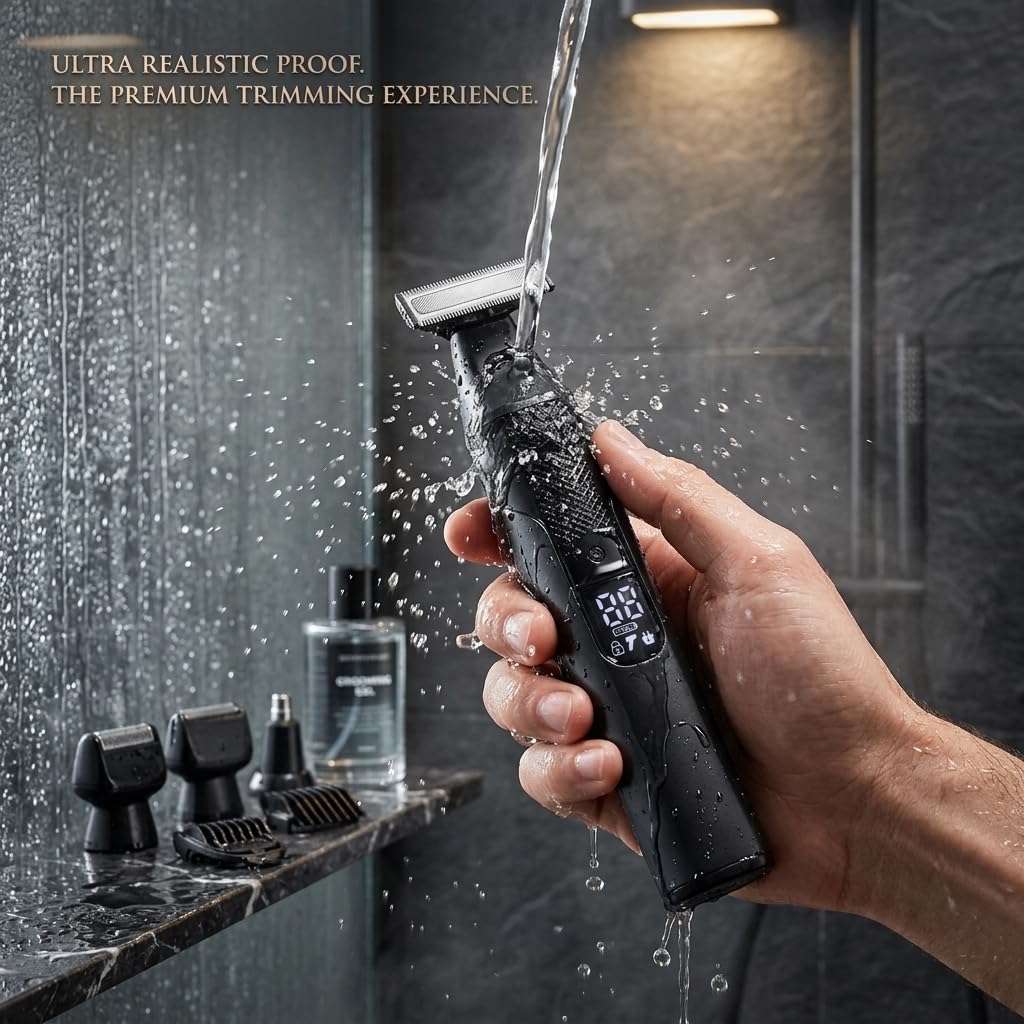 4-in-1 Electric Body Hair Trimmer for Men, Waterproof Grooming Kit with T-Blade, Foil Shaver & Nose Hair Trimmer, LED Display, USB-C Rechargeable, Wet & Dry Use, 6 Guide Combs (0-7mm)