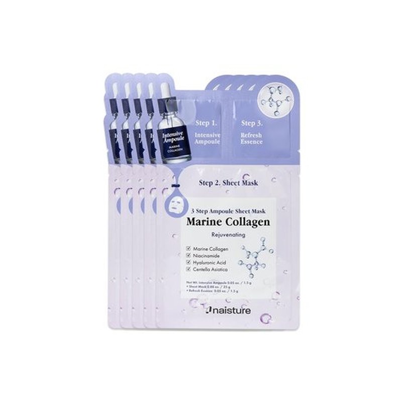 Naisture 3 Step Ampoule Mask with Marine Collagen: Hydrating Set for Skin Elasticity, Smoothing, and Moisture. Korean Skincare Kit with Ampoule, Sheet Mask, and Essence (5 pcs)