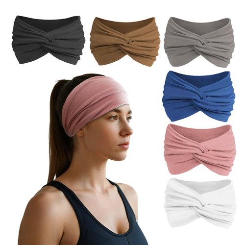 HSEM Headbands for Women, Non Silp Wide Hair Bands, Elastic Thick Head Bands, Stretchy Soft Sports Sweat Bands for Spa Workout Running Gym, Twist Knotted Cotton Cloth Turban Hair Accessories 6Pcs