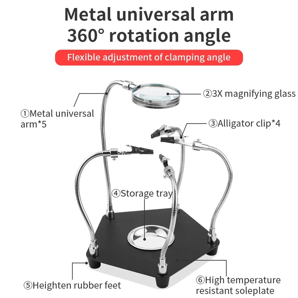 LXIANGN Helping Hands Soldering Station with 3X Magnifying Glass,Third Hand PCB Holder 4 Flexible Arms Magnifier Circuit Board Soldering Tool Kit for Electronic Repair Soldering Jewelry Crafts