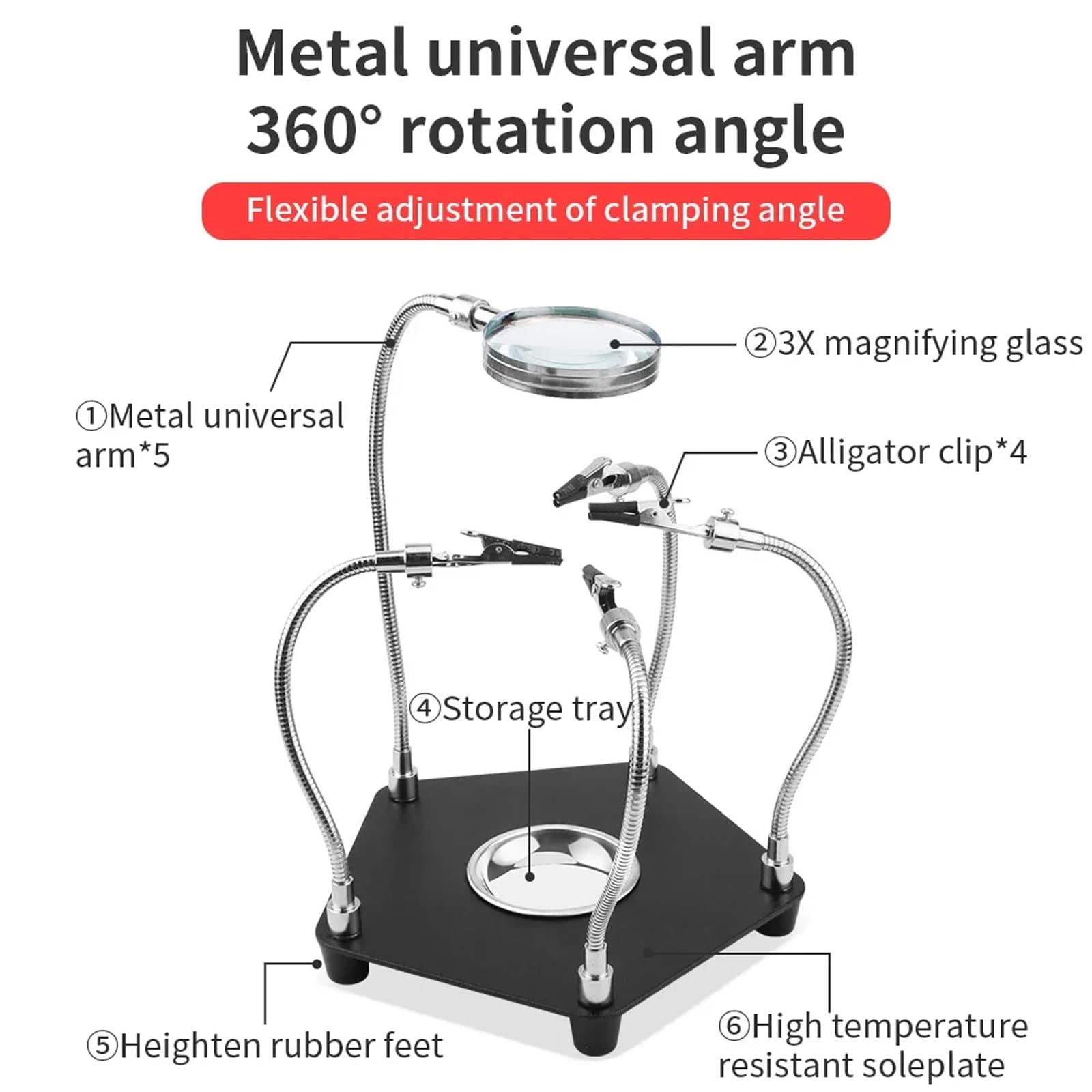 LXIANGN Helping Hands Soldering Station with 3X Magnifying Glass,Third Hand PCB Holder 4 Flexible Arms Magnifier Circuit Board Soldering Tool Kit for Electronic Repair Soldering Jewelry Crafts