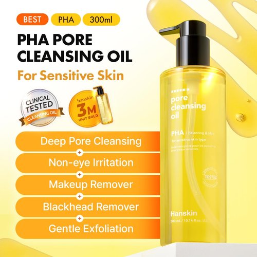 Hanskin PHA Pore Cleansing Oil - Deep Cleansing Makeup Remover for Sensitive Skin | 10.14oz