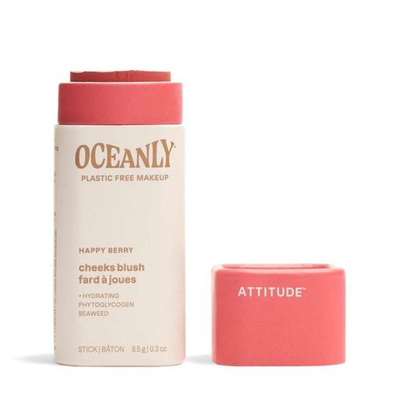 ATTITUDE Oceanly Blush Stick - Plastic-Free, Lightweight, EWG Verified, Vegan & Cruelty-Free, Happy Berry, 0.3 Ounces