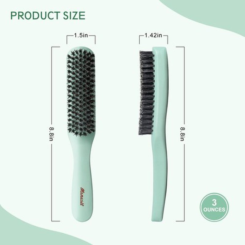 Msnasit Slick Back Hair Brush, Professional Edge Control Brush, Middle Softness Boar Bristle Wooden Handle Hairbrush Smoothing Frizz & Flyaways, Natural Wood Comb for Thin and Fine Hair (Green)
