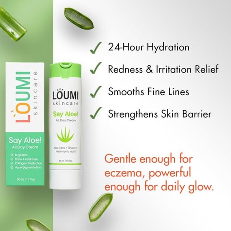 LOUMI Skincare Say Aloe All-Day Face Cream | Hydrating Aloe Vera & Hyaluronic Acid Moisturizer | Nourishes, Soothes & Softens Dry Skin | Natural, Vegan & Cruelty-Free | 1oz