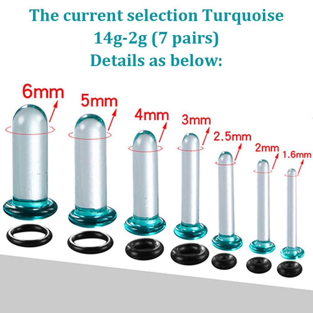 BOKABOO 14 PCS Glass Ear Gauges Stretching Kit Short Taper Expander, Turquoise 14g-2g Comfy Dead Stretching Plugs with Rubber Rings, Crazy Domed Body Piercing Jewelry Set