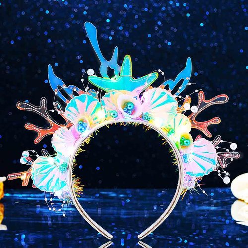 JAKAWIN Light Up Mermaid Accessories Ocean Costume Headband Under the Sea Hair Accessories for Women