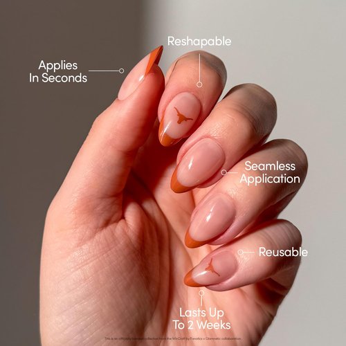 Glamnetic x Fanatics Press On Nails - Texas Longhorns | Short Almond Fake Nails, Collegiate Longhorns Orange French Tips, College Nails, Salon-Quality | 15 Sizes - 30 Nail Kit with Glue