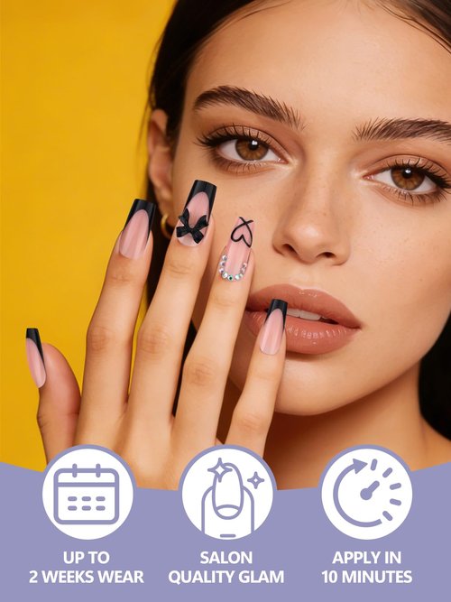 EBANKU 120 Pieces Press on Nails Medium, Bow False Nails French Tips Fake Nails Full Cover Stick on Nails, Love Heart Press on Nail with Nail Glue for Women Nail Art Salon, 12 Sizes
