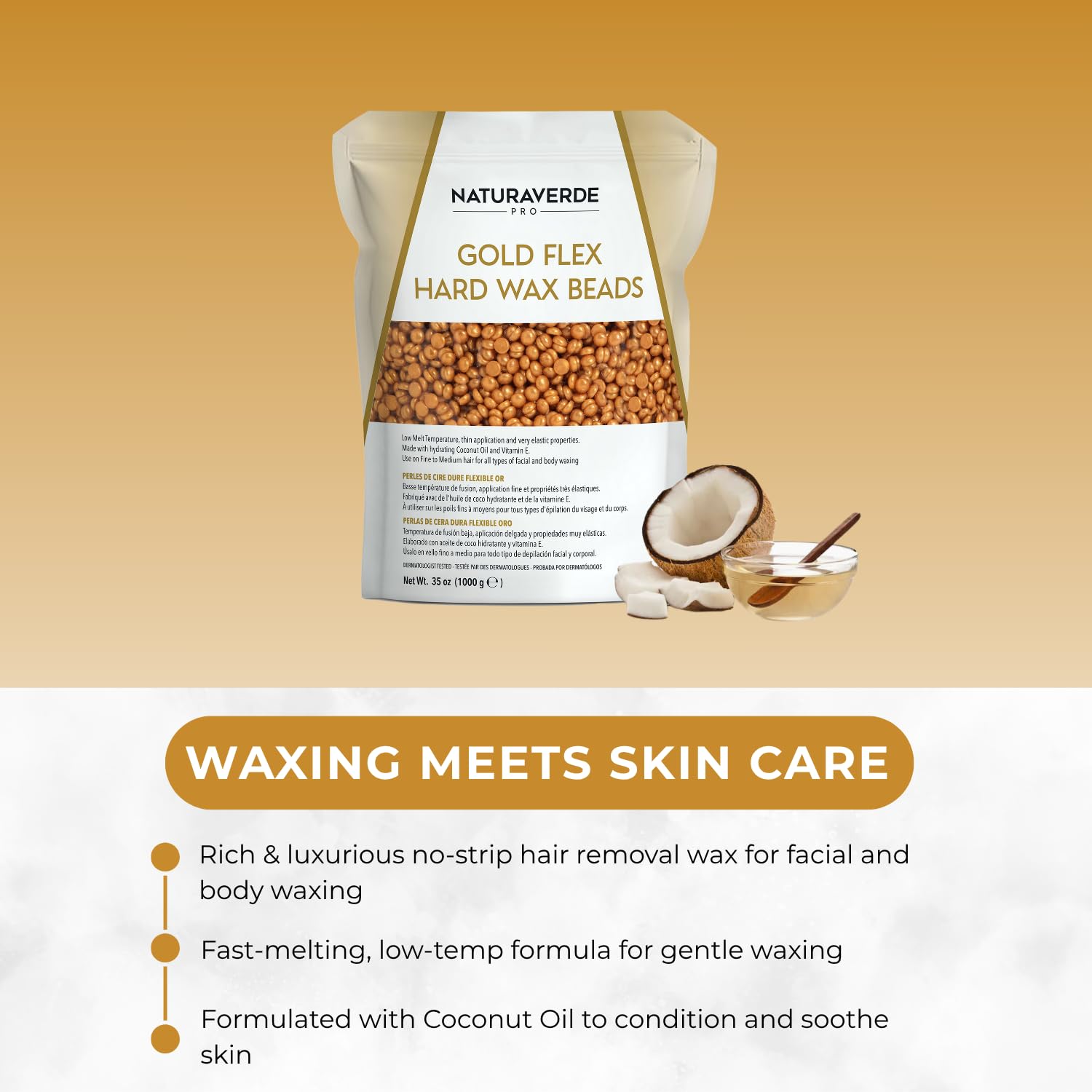 NaturaverdePro Gold Flex Hard Wax Beads, Body and Facial Hair Removal, Brazilian Bikini Wax for Women with Soothing Coconut Oil - 2.2 lbs