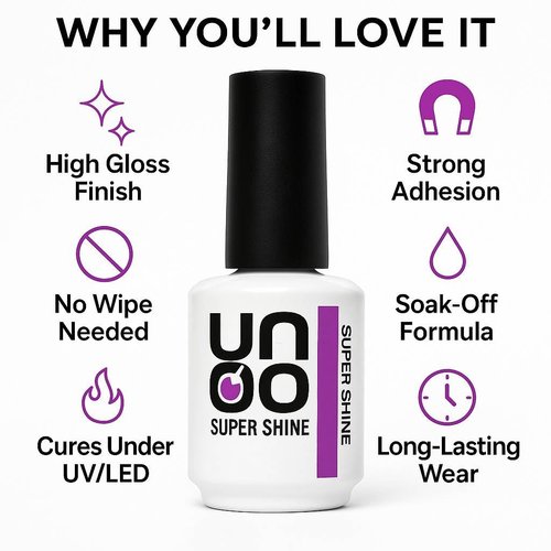 Generic UNO Proffisional Super Shine Top Coat No Wipe Top Gel Soak Off UV LED Shine Finish Long Lasting Nail Salon Manicure, Clear