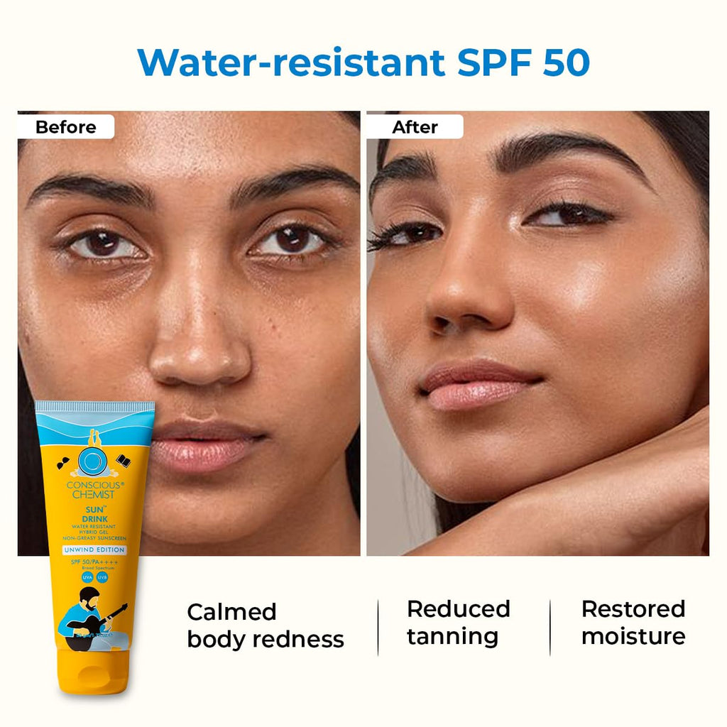 Conscious Chemist® Sun Drink Hybrid SPF 50 PA++++ Sunscreen Unwind Edition | Water Resistant , Ceramides & Milk Thistle Extract | UVA/UVB Protection | All Skin Type | No White Cast | Cruelty Free | 50g