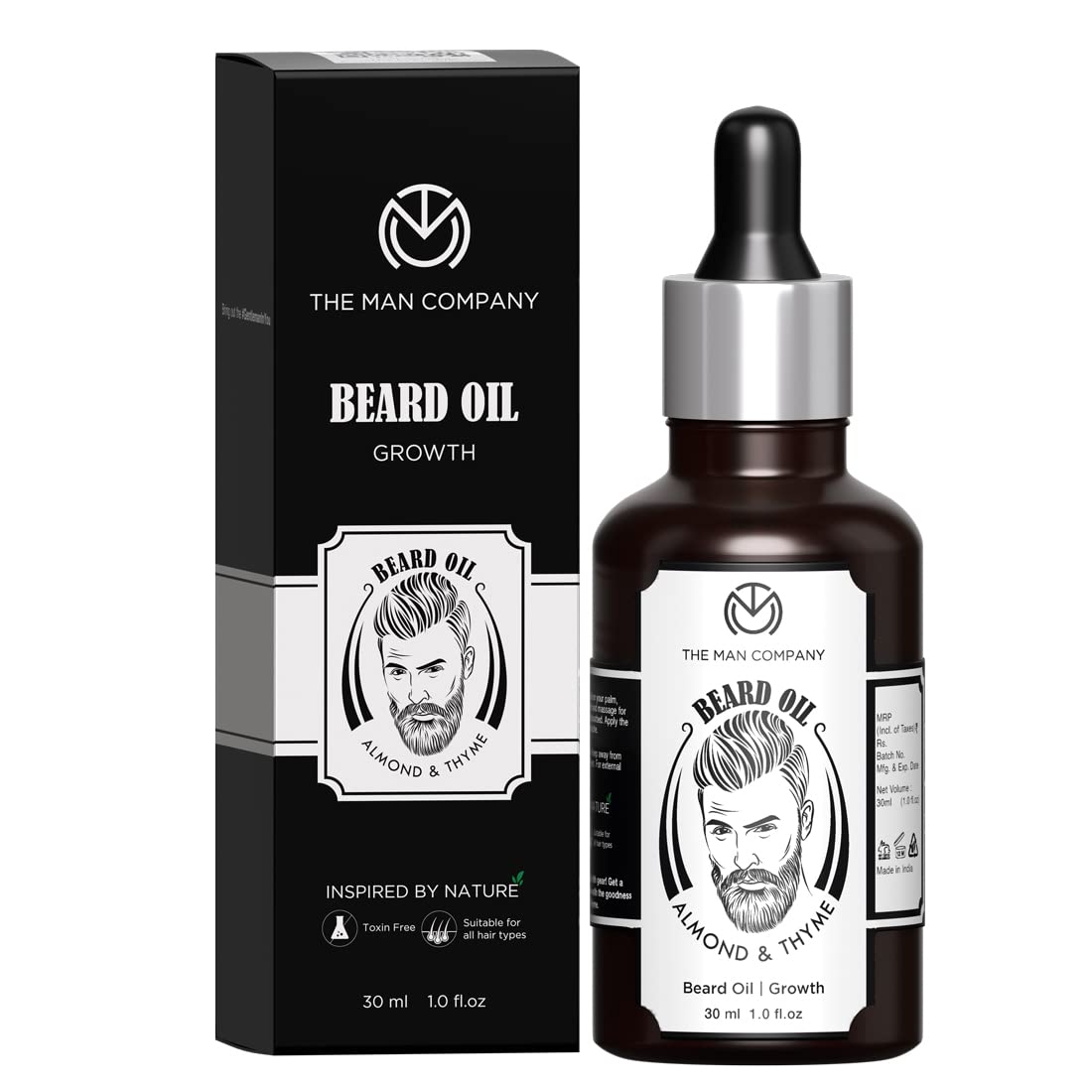 The Man Company 100% Natural Beard Oil for Men with Almond Oil, Thyme, Argan, and Jojoba Oil for Faster Beard Growth - 1.1 Oz | Beard Conditioner Oil, Softens & Strengthens Beards and Mustaches