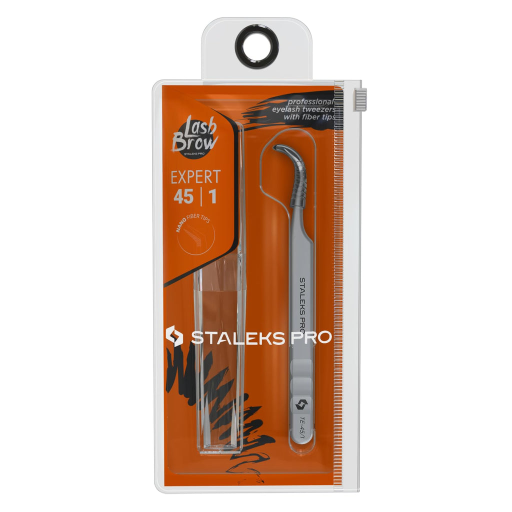 STALEKS PRO Expert 45 Type 1 Professional Eyelash Tweezers (Curved) – Stainless Steel with Nano-Notches for Volume & Mega-Volume Lash Extensions