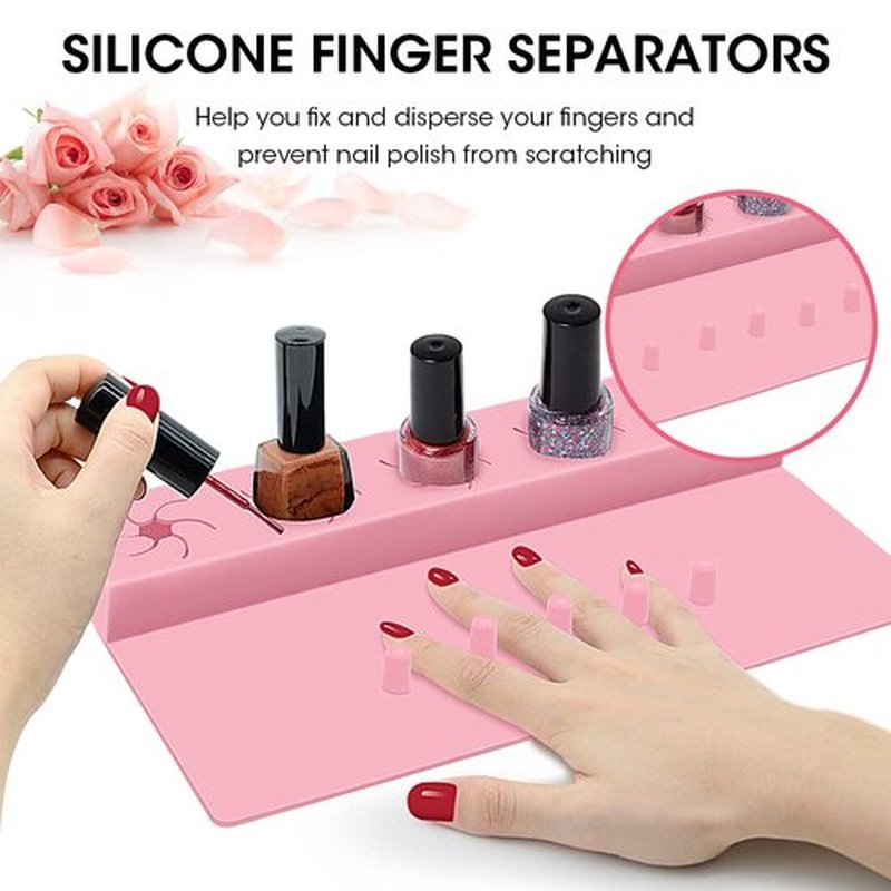 Mydrissu Nail Polish Holder,Silicone Hand Rest Mat Fingernail Painting Tools 2 in 1 Art Accessories Organizer Case Set with Anti-Spill Bottle Stand and Finger Separators for Pedicure Manicure(Pink)