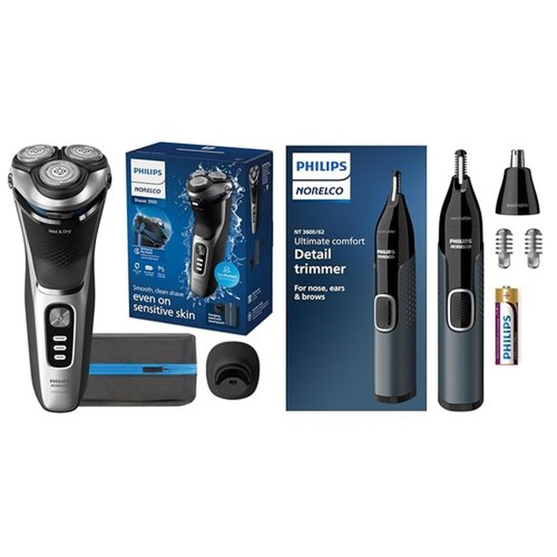 Philips Norelco Shaver 3900 - Rechargeable Wet & Dry Shaver with Trimmer & Stand | Nose Trimmer 3000 for Ears & Brows