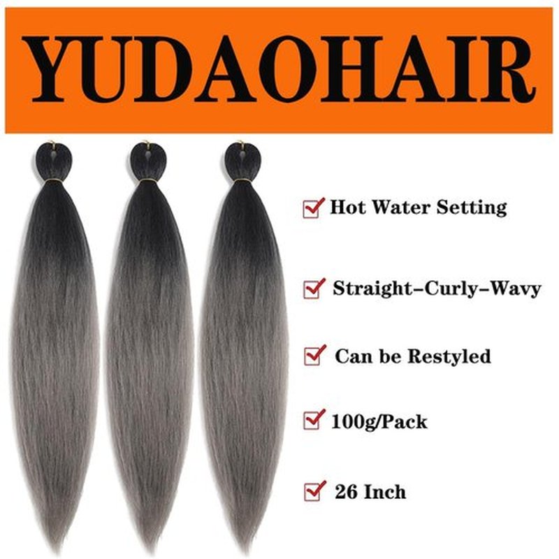 Pre Stretched Braiding Hair 26 Inch Ombre Grey Braiding Hair Extensions Hot Water Setting Crochet Box Braids Hair (26 Inch (Pack of 3), Black-Dark Grey)