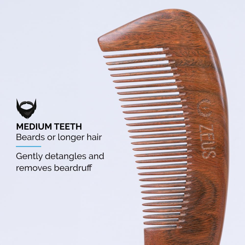 ZEUS Curved Sandalwood Beard Comb for Men in Gift Box with Sheath (M31)