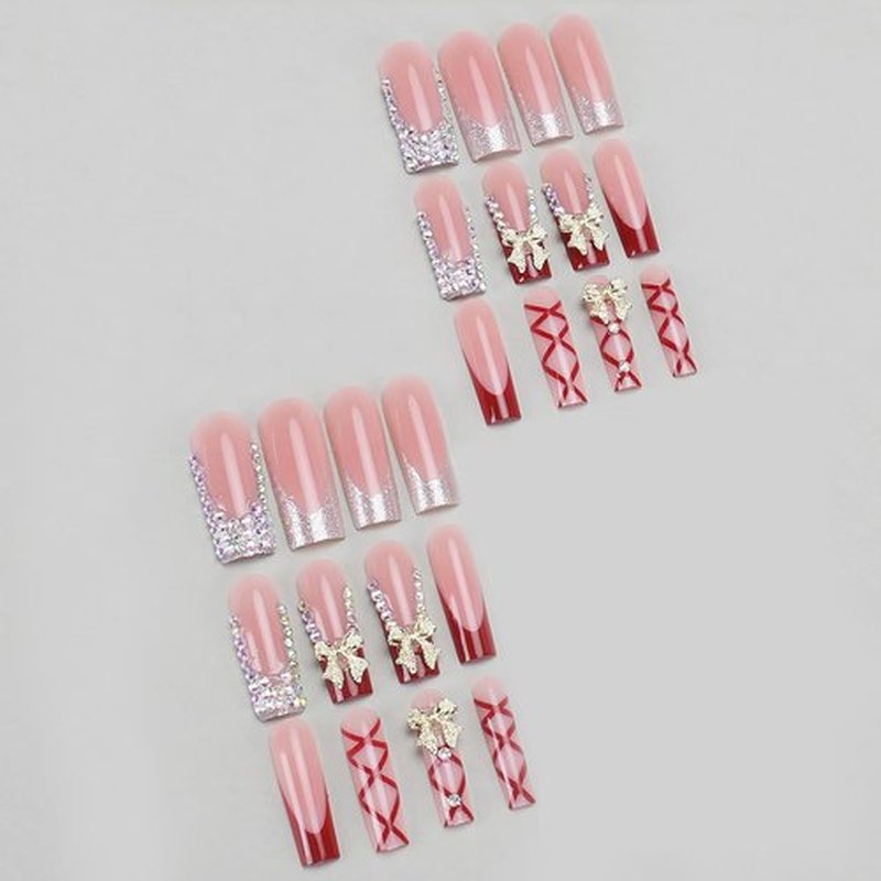 MISUD Press on Nails - Long Square Fake Nails with Red French Tip, Acrylic Bow Rhinestone Design 24 pcs
