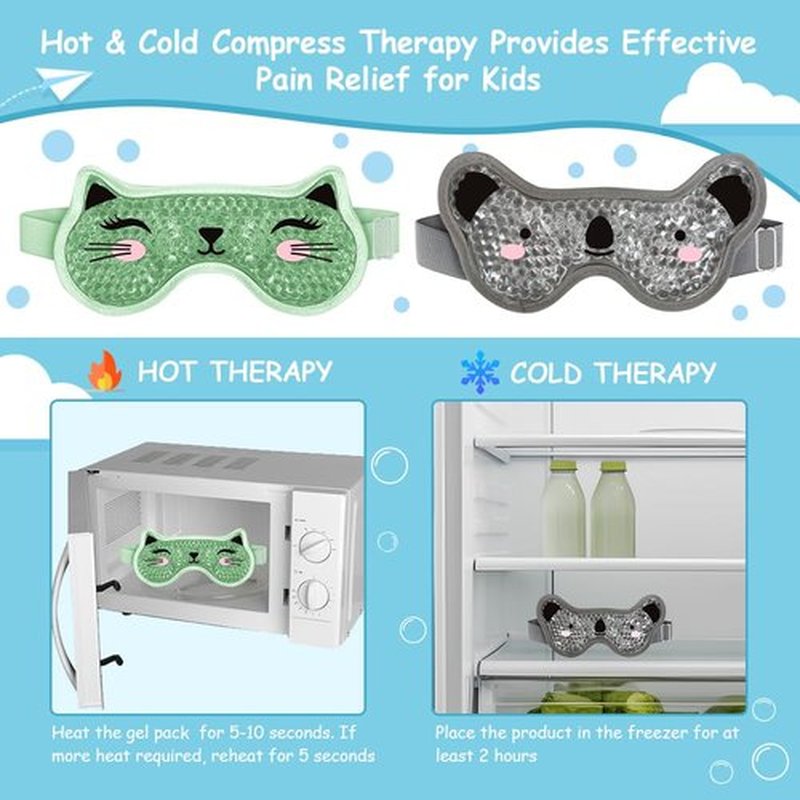 CONBELLA Kids Ice Packs 2 Packs Cooling Eye Mask with Soft Plush Backing for Children Boo Boos Sinus Headache Fever Patch for Kids (Green+Grey)
