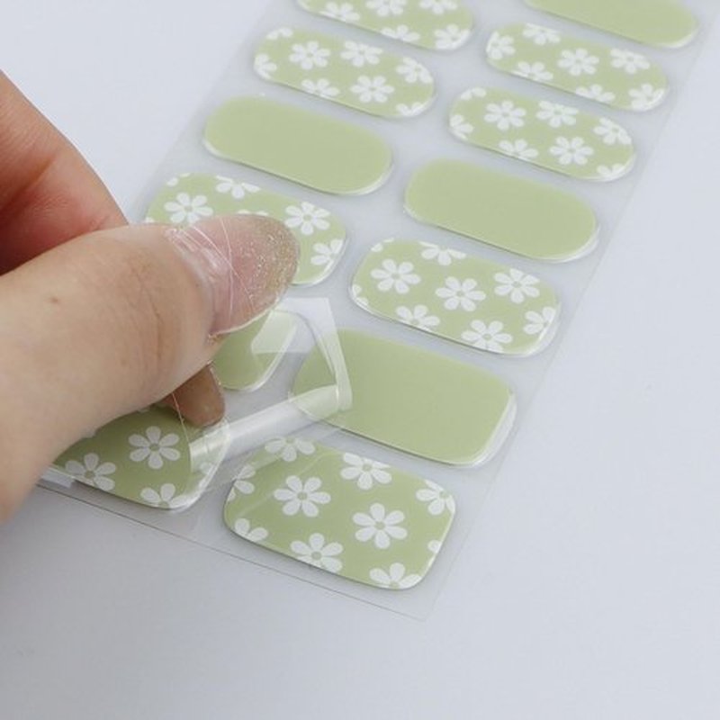 JMEOWIO Gel Nail Stickers White Flower Light Green Semi Cured Gel Nail Strips Wraps UV/LED Nails Art Design Decoration Accessories