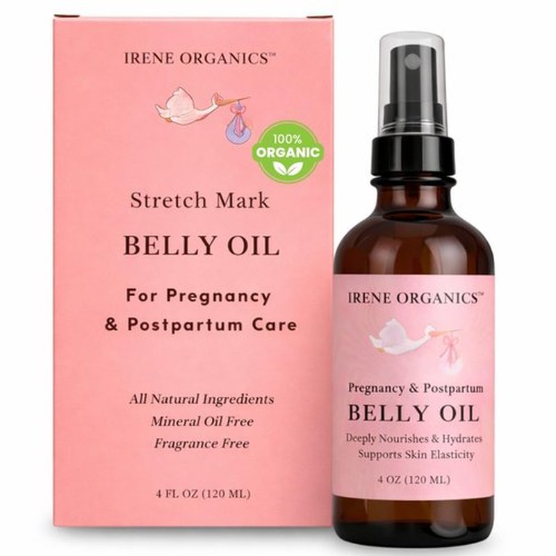 Irene Organics Organic Belly Oil for Pregnancy & Postpartum – Lightweight, Non-Greasy Stretch Mark Support Oil – Hydrating Vitamin E Bump Serum, Unscented & Pregnancy Safe